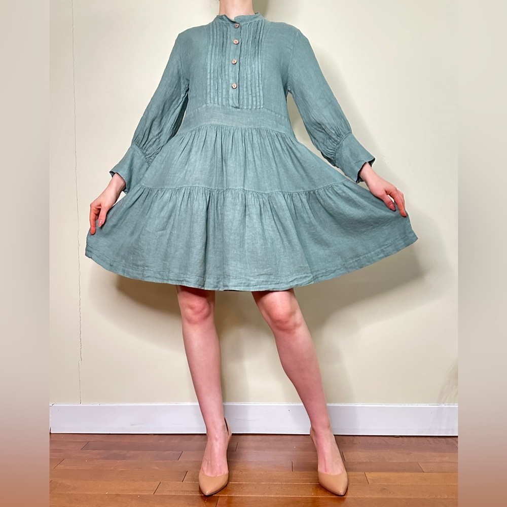 100% Linen Midi Teal Summer Dress – Size S-M Italy - Picture 3 of 9